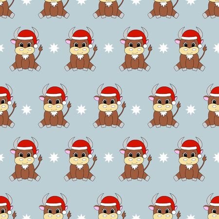 Seamless pattern with cartoon bull in santa hat. Vector illustration.のイラスト素材
