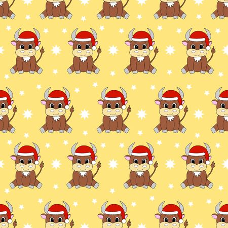 Seamless pattern with cartoon bull in santa hat. Vector illustration.のイラスト素材