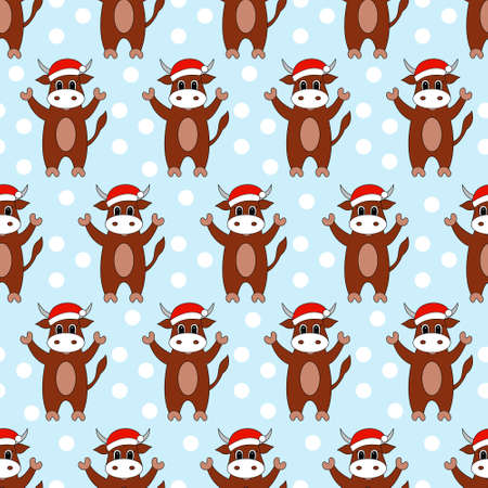 Seamless pattern with cartoon bull in santa hat. Vector illustration.のイラスト素材