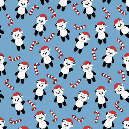 Seamless pattern with cute cartoon panda. Vector illustration. Christmas background.のイラスト素材