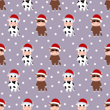 Seamless pattern with cartoon cow in Santa hat.のイラスト素材