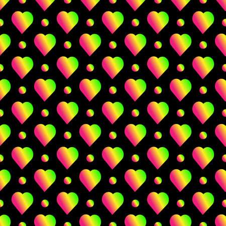 Seamless pattern with colorful gradient hearts on a black background. Vector illustration.のイラスト素材
