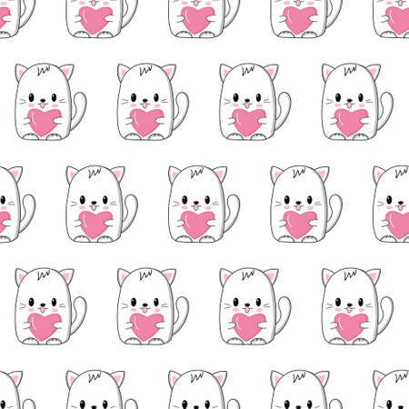 Cute kawaii cat with heart. vector illustration. Seamless pattern.のイラスト素材