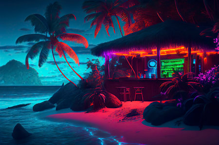 Digital art depicting a neon tropical island. Generative AI.の素材