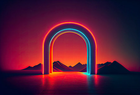 Fantasy arch, neon colors. Generative AI.の素材