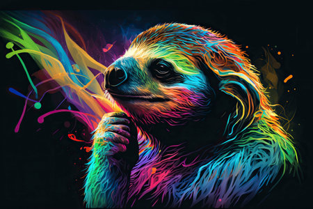 Sloth in neon colors. Generative AI.の素材
