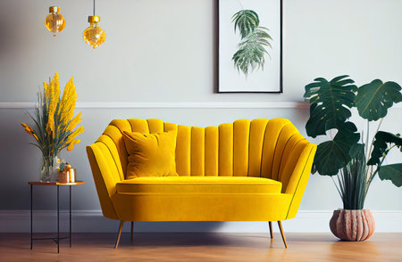 Modern living room design with yellow velvet sofa. Generative AI.の素材