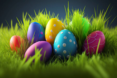 Festive Easter background. Background from colorful eggs. Generative AI.の素材