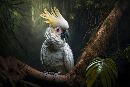 The cockatoo sits on a branch. Generative AI.の素材
