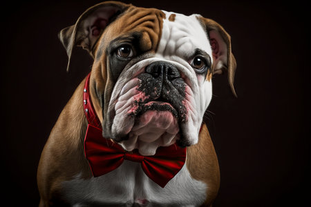A bulldog in a red bow tie. Generative AI.の素材