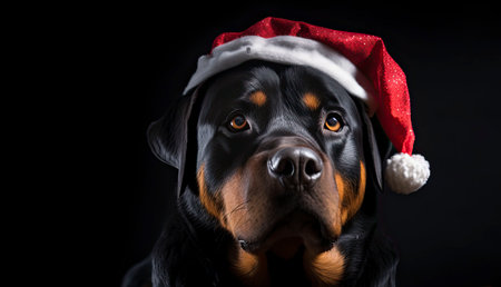Rottweiler in santa hat. Generative AI.の素材
