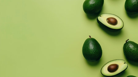 Banner with avocado. Copy space, top view, summer background. Generative AI.の素材