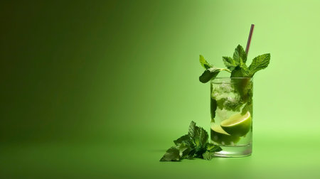 Banner with mojito. Copy space, summer background. Generative AI.の素材