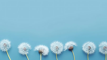Banner with dandelions. Copy space, top view, festive background. Generative AI.の素材