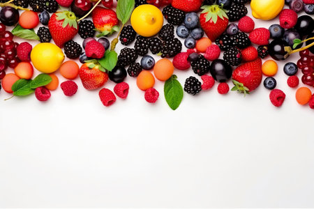 Banner with berries and fruits. Copy space, top view, summer background. Generative AI.の素材