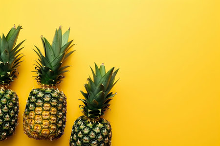 Banner with pineapples. Copy space, top view, summer background. Generative AI.の素材