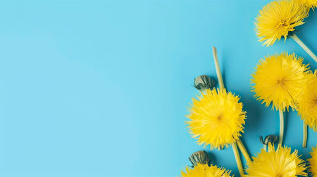 Banner with dandelions. Copy space, top view, festive backgroundの素材