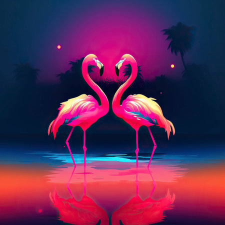 Flamingos in neon colors. Generative AI.の素材