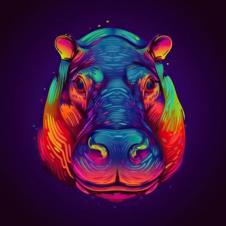 Hippopotamus in neon colors. Generative AI.の素材