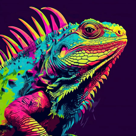 Iguana in neon colors. Generative AI.の素材