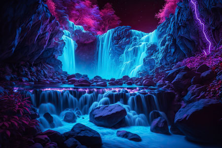 Digital art depicting a neon waterfall. Water illuminated by multicolored light. Generative AI.の素材