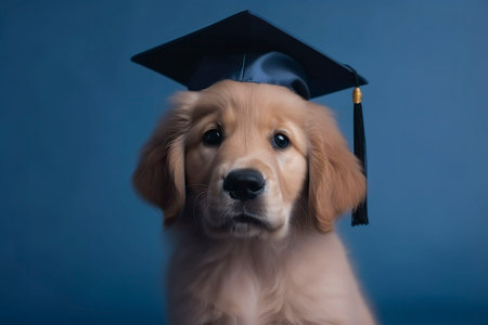 Golden retriever puppy in academic cap on blue background. Generative AI.の素材