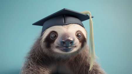 Sloth in academic cap on blue background. Generative AI.の素材