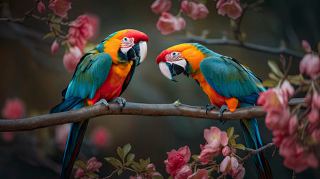 A pair of macaws in love. Generative AI.の素材