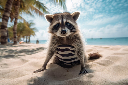 Raccoon on the beach. Generative AI.の素材