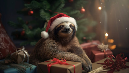 Sloth near the Christmas tree with gifts. Generative AI.の素材