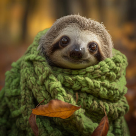 Sloth in a warm scarf. Generative AI.の素材