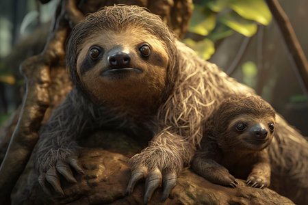 Sloth with cub. Generative AI.の素材