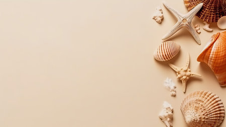 Banner with seashells. Copy space, top view, summer background. Generative AI.の素材