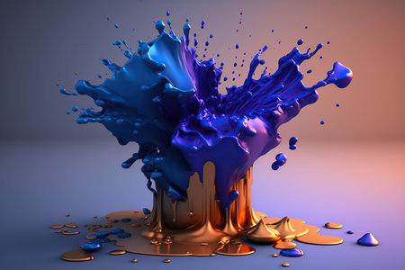 3d fluid brush strokes. Explosion of blue and golden paint drips. Generative AI.の素材