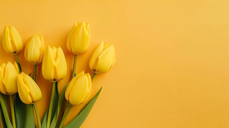 Banner with yellow tulips. Copy space, background. Generative AI.の素材