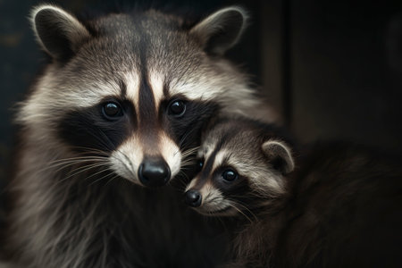 Mother raccoon with little raccoon. Generative AI.の素材