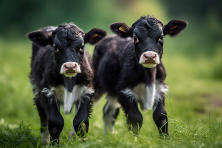Two cute calves. Generative AI.の素材
