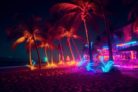 Sea coast, tropical island in neon colors. Generative AI.の素材