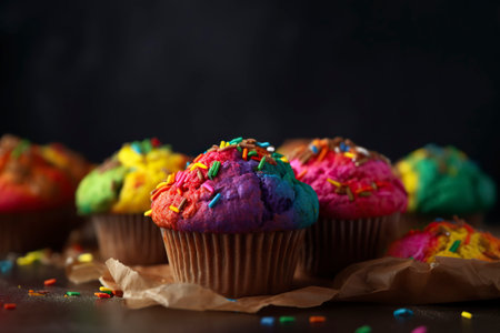 Rainbow muffins decorated with sprinkles. Generative AI.の素材