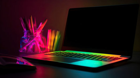 Laptop in neon colors. Generative AI.の素材