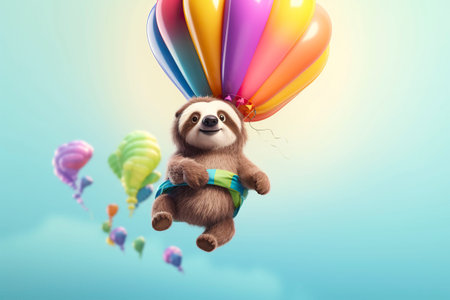 Sloth is flying in a hot air balloon. Generative AI.の素材