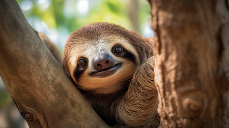 A cute sloth is hanging on a branch. Generative AI.の素材