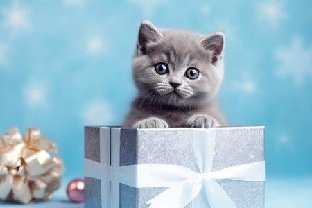 Cute british kitten peeking out of the gift box. Generative AI.の素材