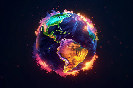 Earth, neon glowing colors. Generative AI.の素材