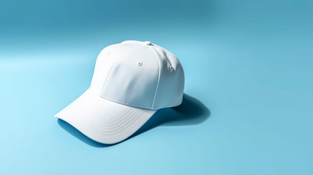 A white baseball cap on a blue background. mockup. Generative AI.の素材
