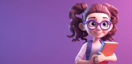 3d cartoon girl student. Copy space, background. Generative AI.の素材