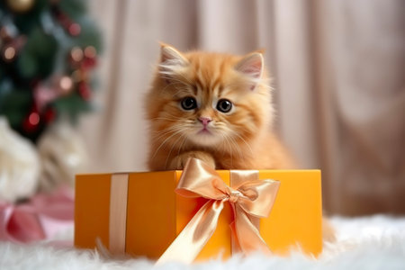 Cute kitten peeking out of the gift box. Generative AI.の素材