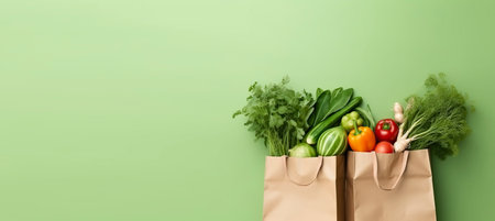 Paper bags with vegetables. Copy space banner. Generative AI.の素材