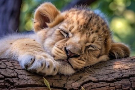 Cute little lion cub sleep. Generative AI.の素材