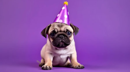 Puppy pug in birthday cap. Generative AI.の素材